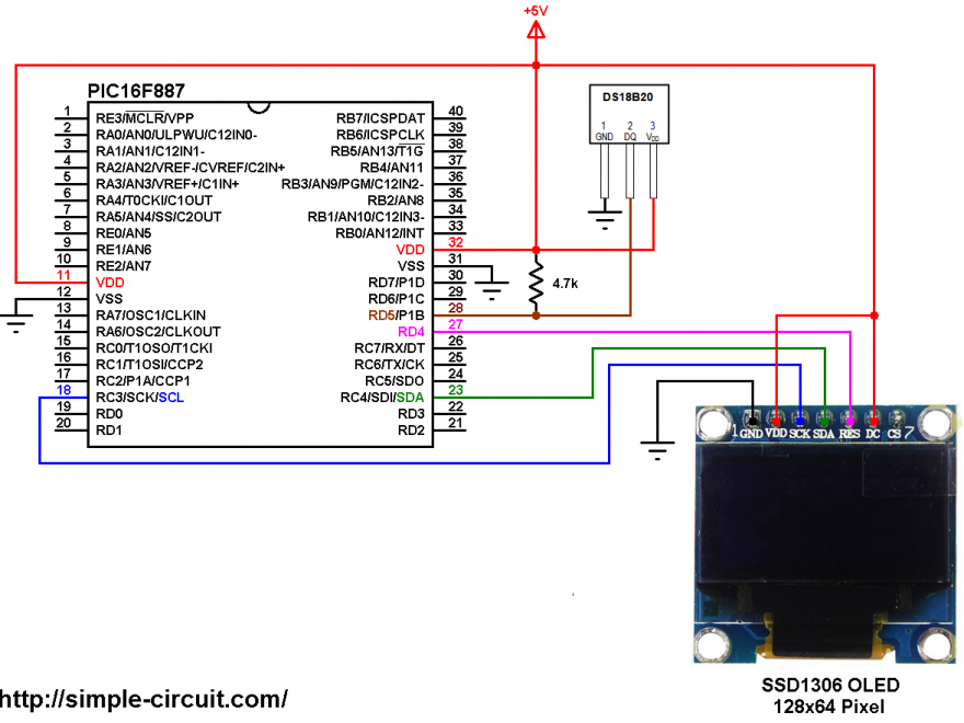 PIC16F887 with DS18B20 sensor and SSD1306 OLED - DS18B20 SSD1306