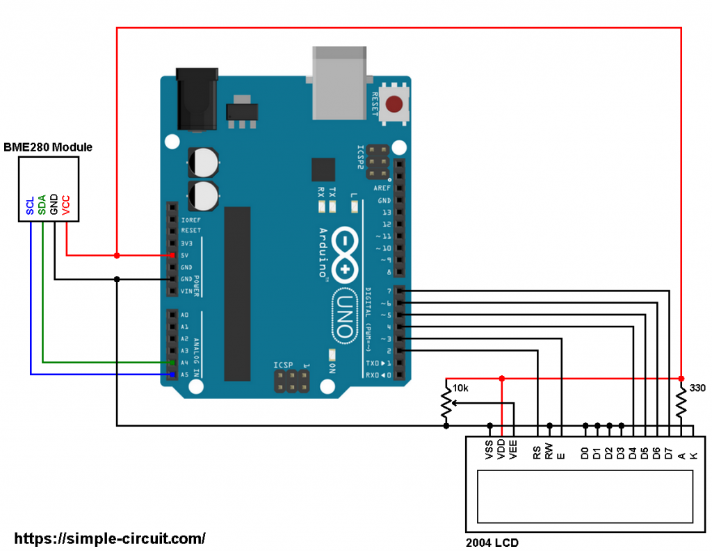 Arduino BME280 sensor 2004 LCD circuit
