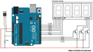 Arduino with LM335 temperature sensor and 7-segment display