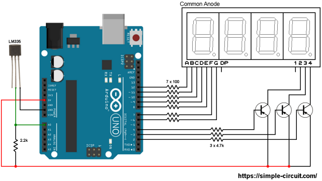 Arduino with LM335 temperature sensor and 7-segment display - LM335 7 segment