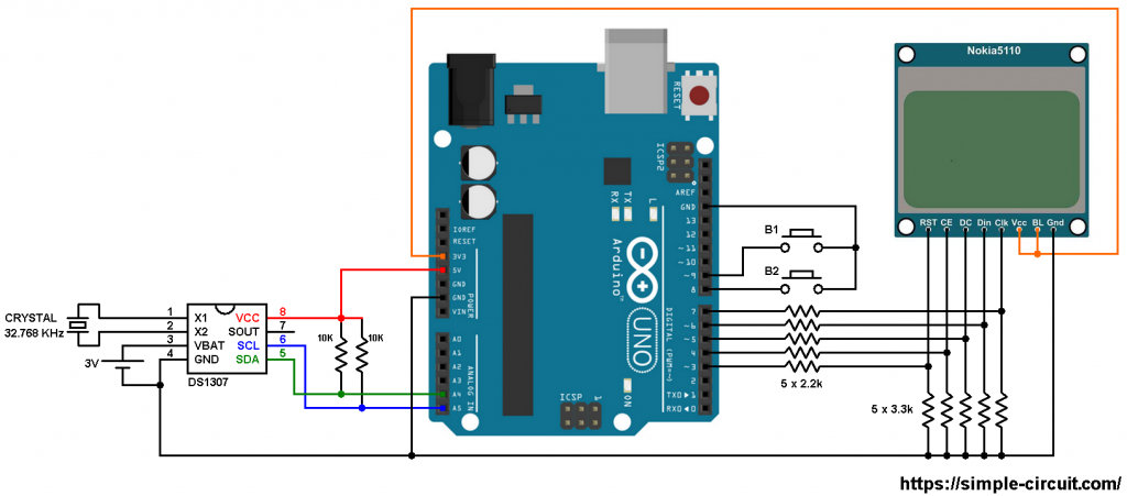 Arduino NOKIA 5110 LCD DS1307 RTC circuit
