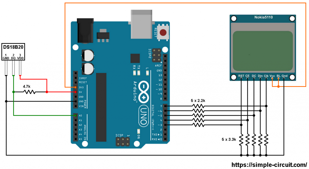 Arduino DS18B20 Nokia 5110 LCD circuit