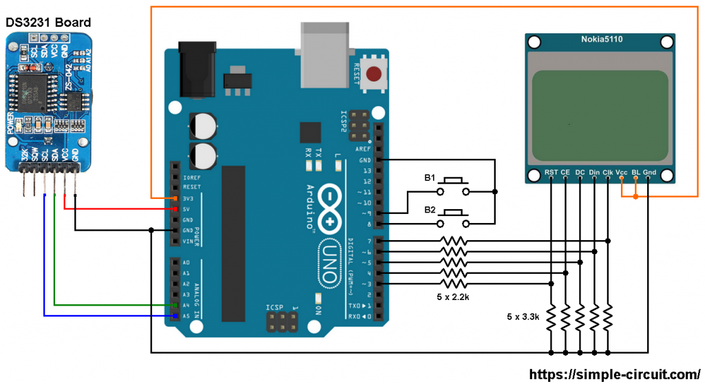Arduino Nokia 5110 DS3231 RTC circuit