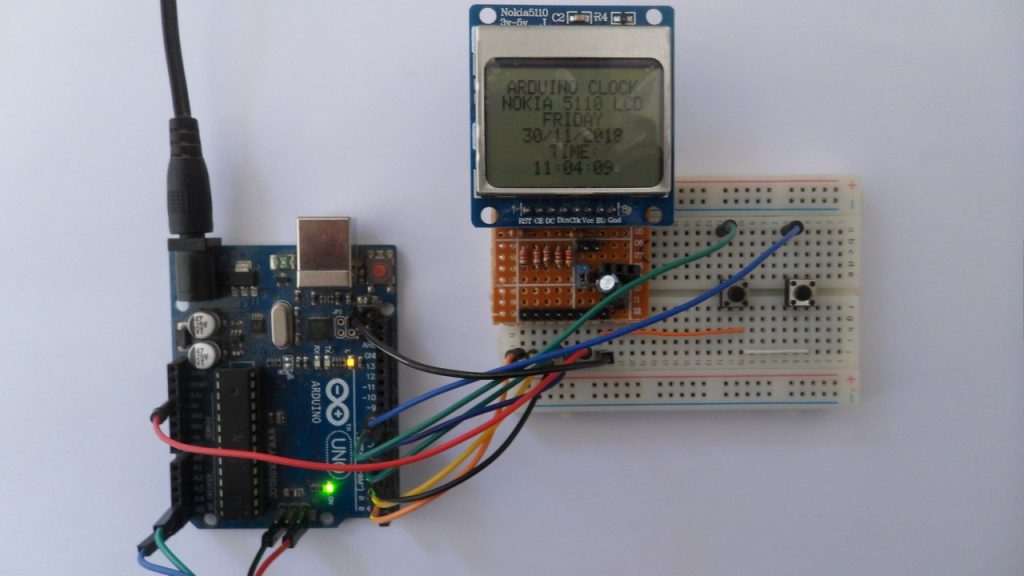 Arduino with Nokia 5110 LCD and DS1307 RTC hardware