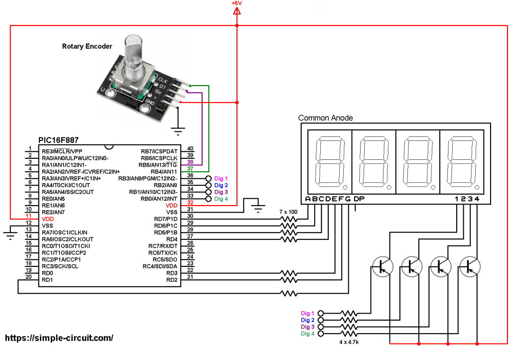 PIC16F887 rotary encoder 7 segment display circuit