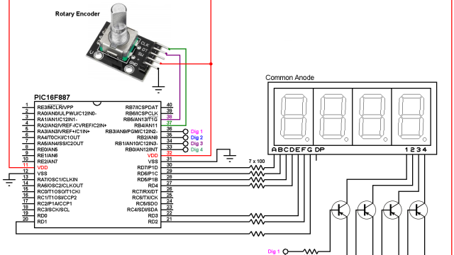 PIC16F887 rotary encoder 7 segment display circuit