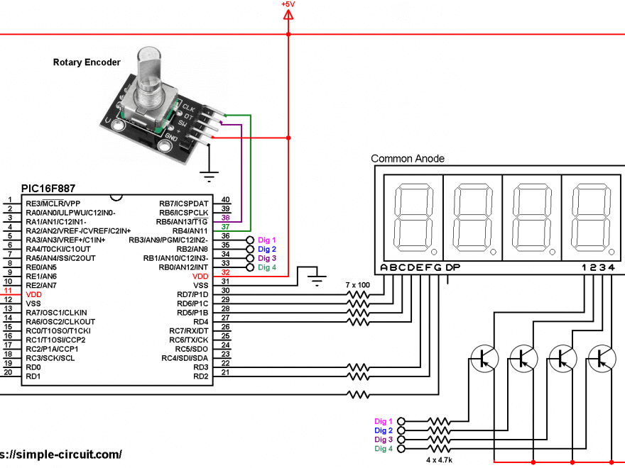 PIC16F887 rotary encoder 7 segment display circuit