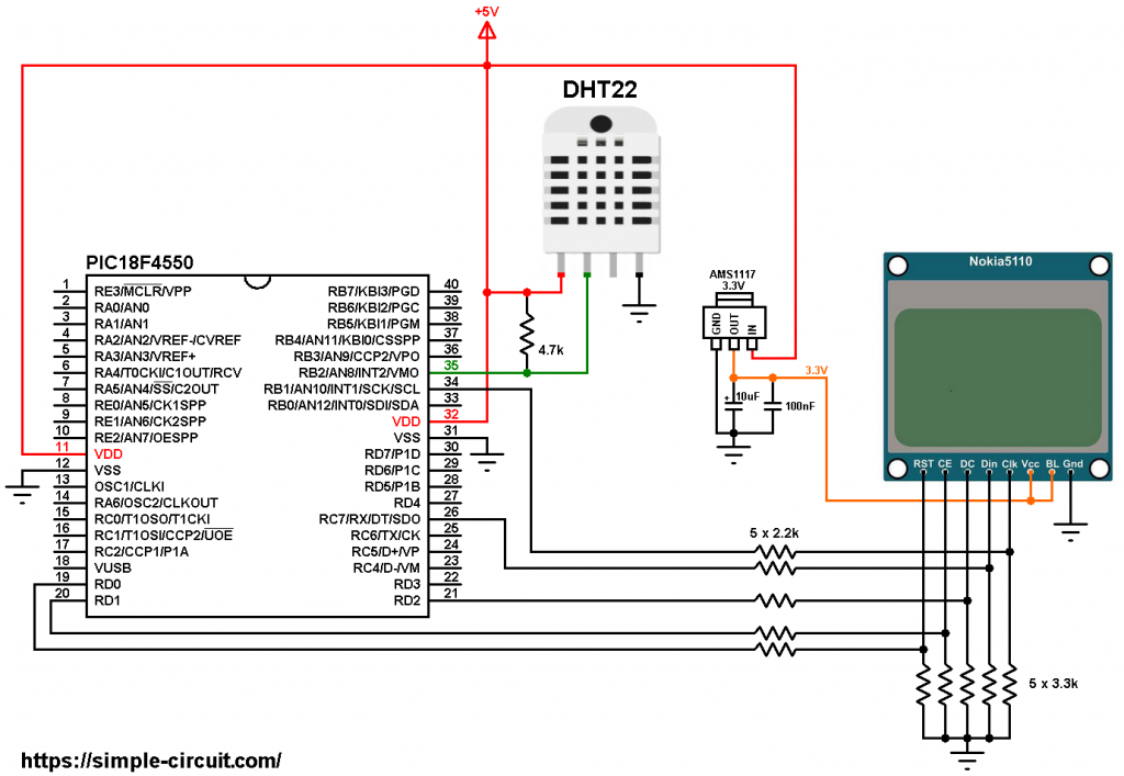 PIC18F4550 Nokia 5110 DHT22 AM2302 circuit