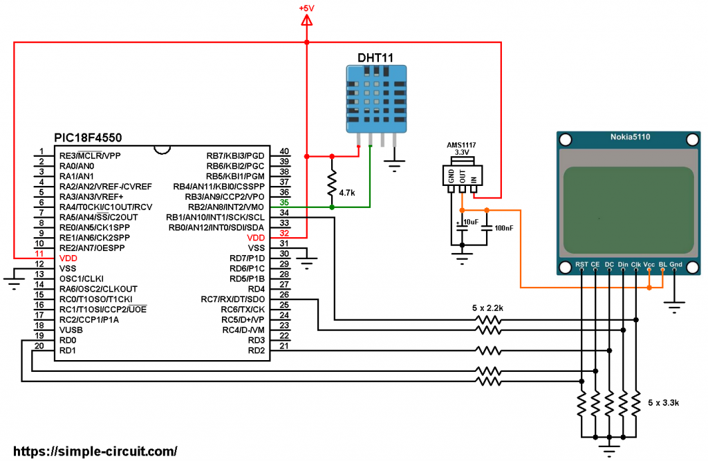 PIC18F4550 DHT11 Nokia 5110 LCD circuit
