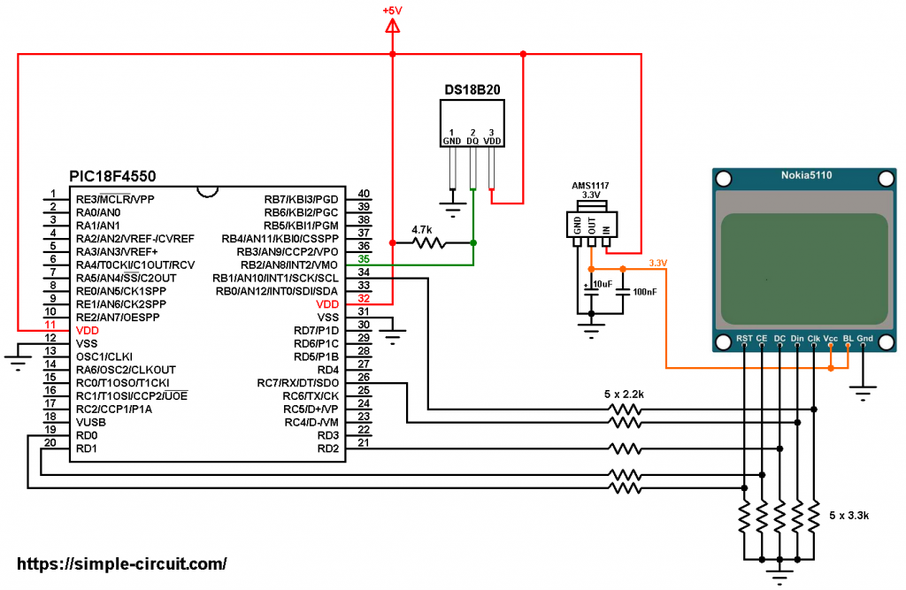 PIC18F4550 Nokia 5110 lcd DS18B20 temperature sensor circuit