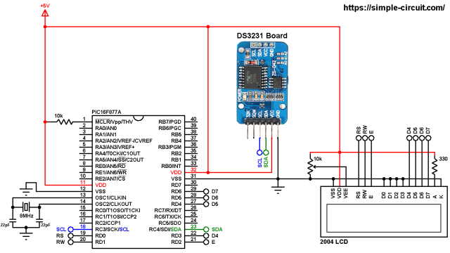 Interfacing DS3231 with PIC16F877A and LCD circuit