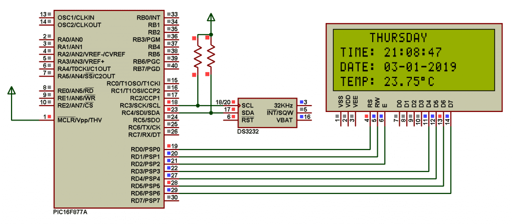 Interfacing DS3231 with PIC16F877A and LCD Proteus simulation circuit