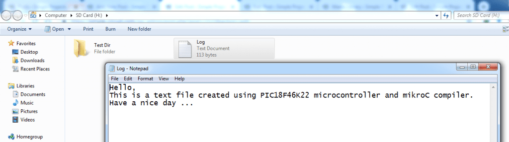 Samsung micro SD card files created by PIC18F46K22