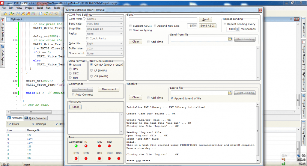 mikroC USART terminal output for SD card