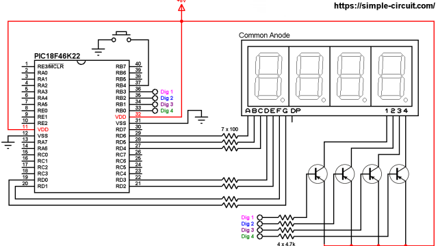 PIC18F46K22 7-segment display counter circuit