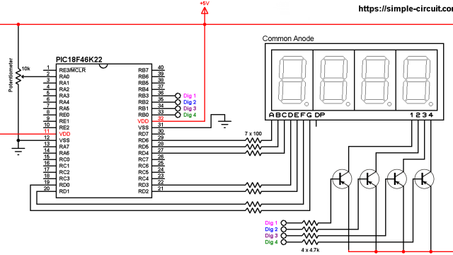 PIC18F46K22 ADC 7-segment example circuit