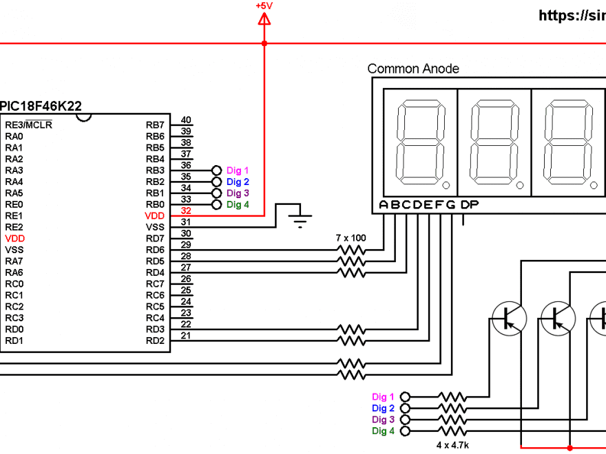 PIC18F46K22 ADC 7-segment example circuit