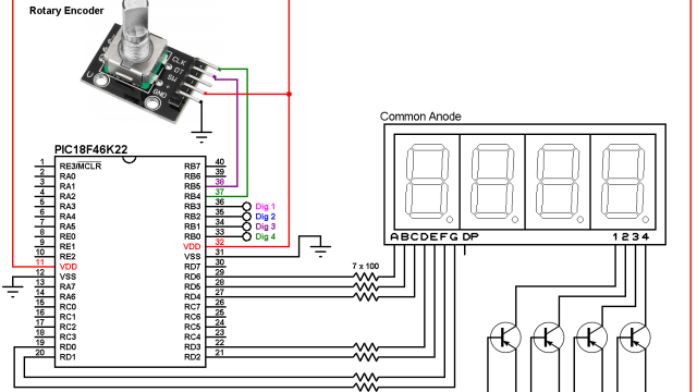 PIC18F46K22 rotary encoder 7-segment display circuit