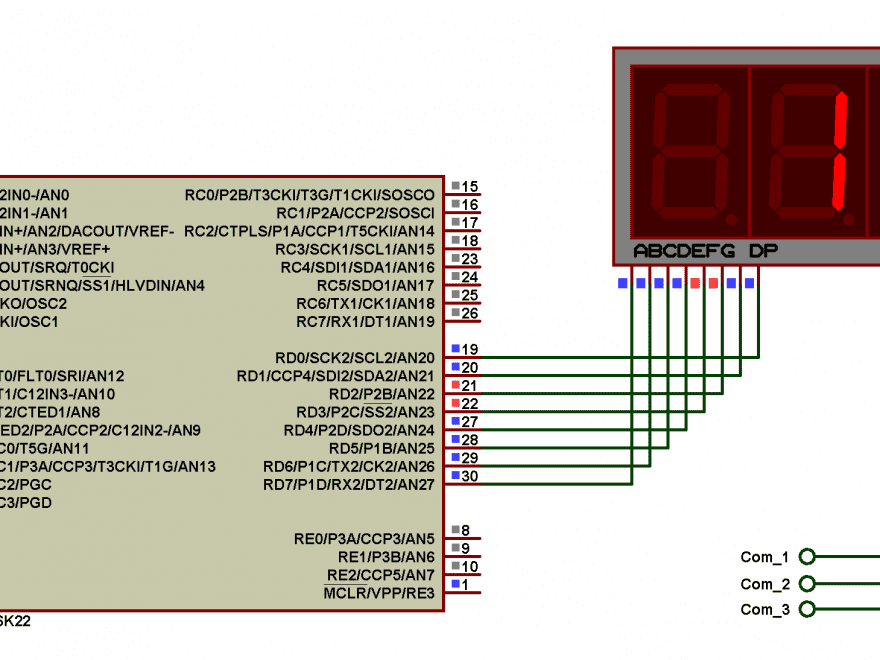 Proteus simulation circuit for PIC18F46K22 with LM35 sensor and 7-segment display