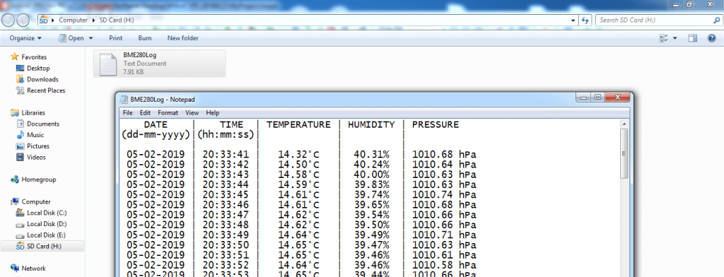 BME280 data logger sd card text file