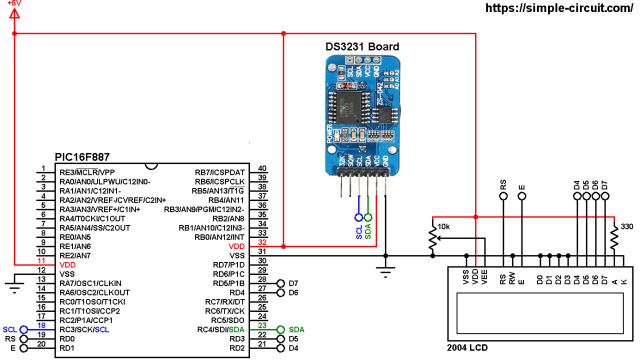 DS3231 PIC16F887 real time clock circuit