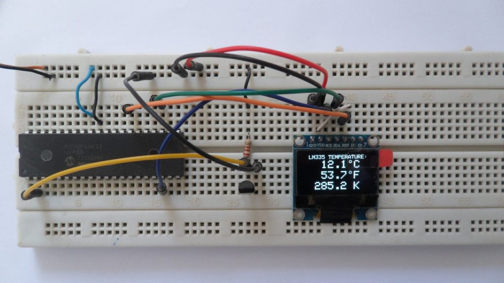 LM335 PIC18F46K22 MCU and SSD1306 OLED 128x64 pixel display