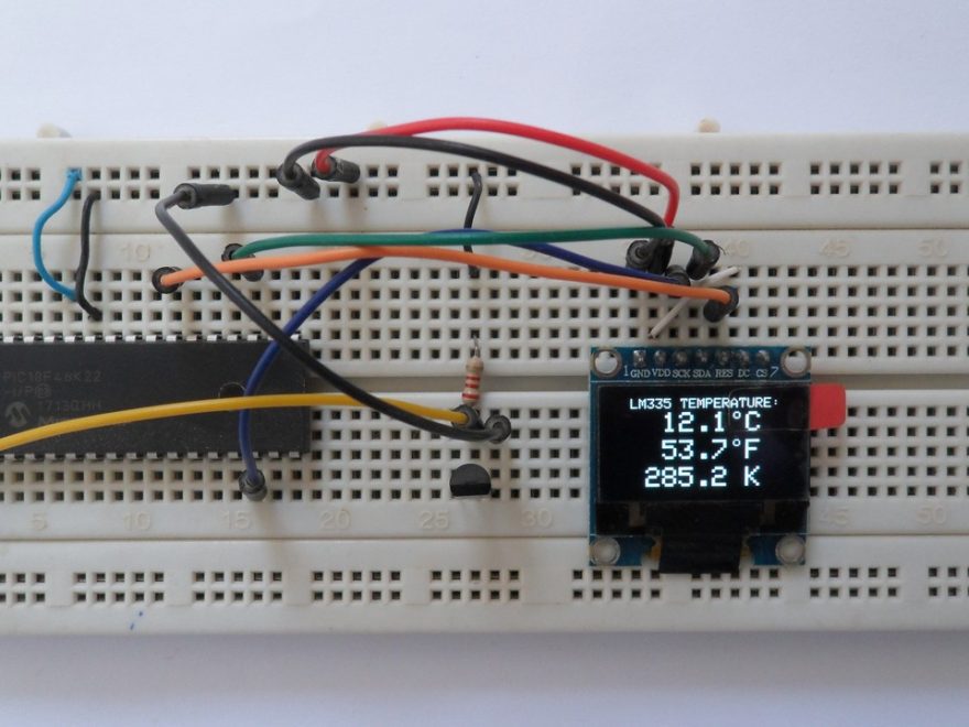 LM335 PIC18F46K22 MCU and SSD1306 OLED 128x64 pixel display