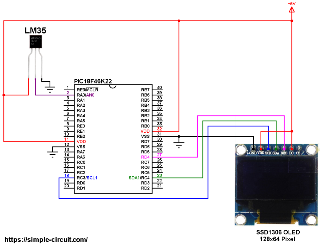 Interfacing PIC18F46K22 with LM35 sensor and SSD1306 OLED display