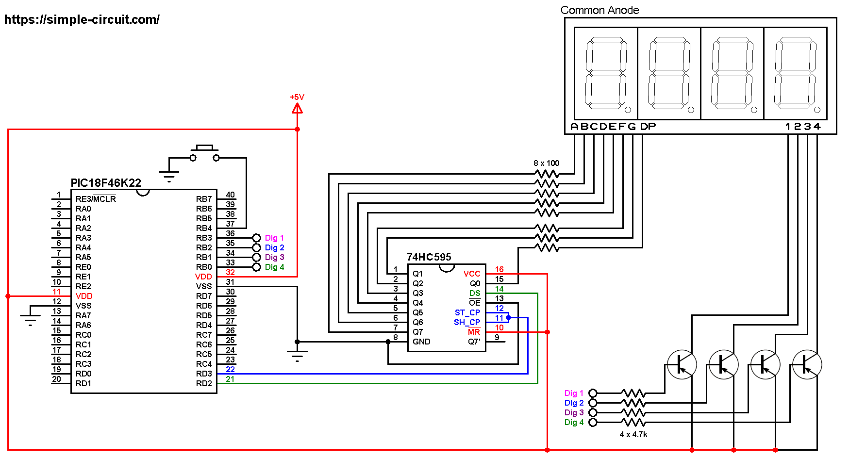 Pic18f46k22 With 74hc595 Shift Register And 7 Segment Display