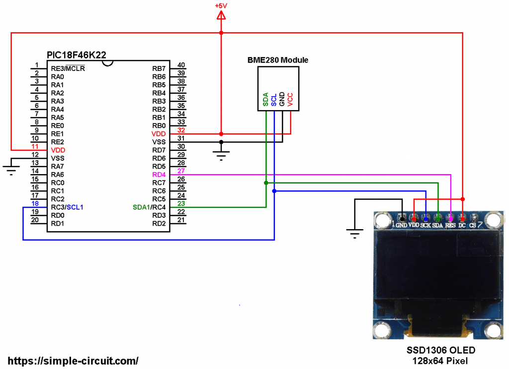PIC18F46K22 BME280 sensor SSD1306 OLED circuit