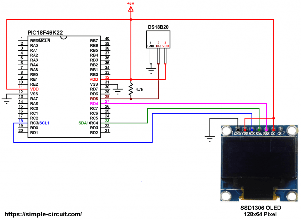 PIC18F46K22 DS18B20 SSD1306 OLED circuit