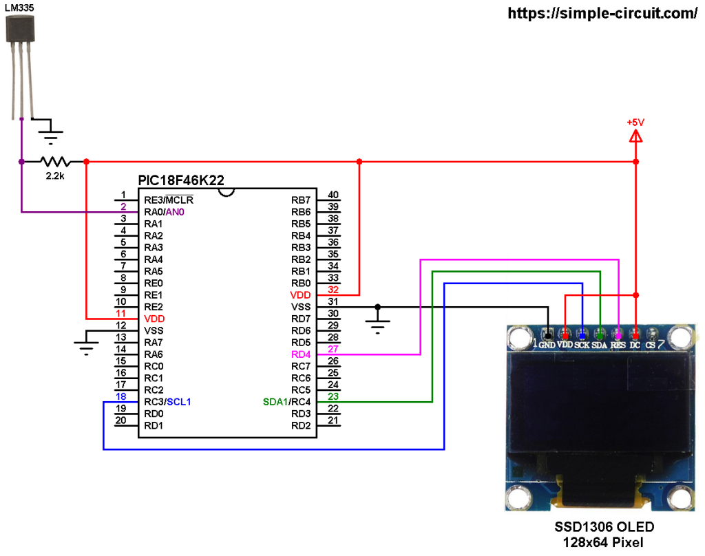 PIC18F46K22 LM335 sensor and SSD1306 OLED circuit