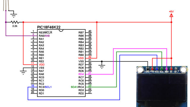 PIC18F46K22 LM335 sensor and SSD1306 OLED circuit