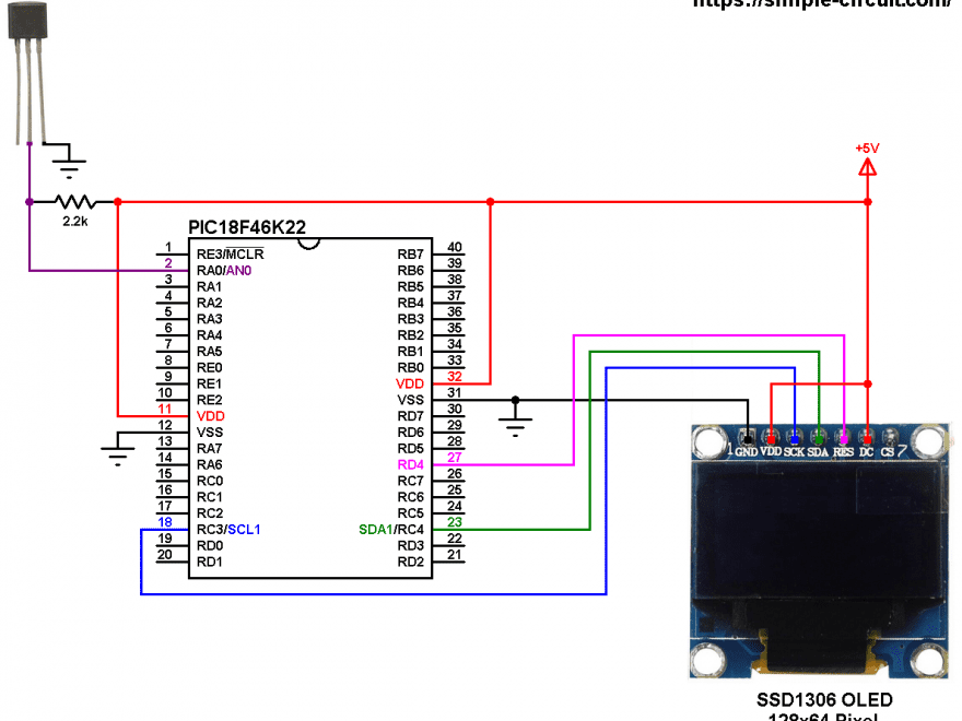 PIC18F46K22 LM335 sensor and SSD1306 OLED circuit