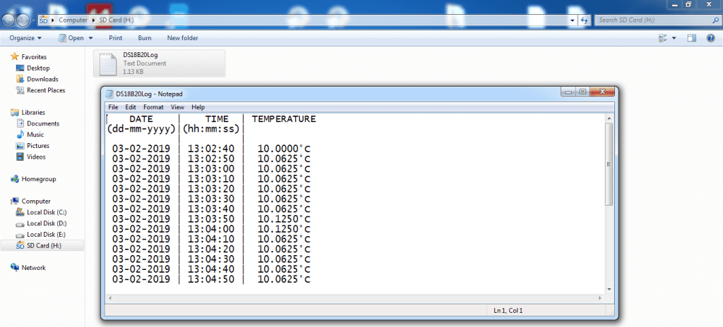 DS18B20 data logger SD card file