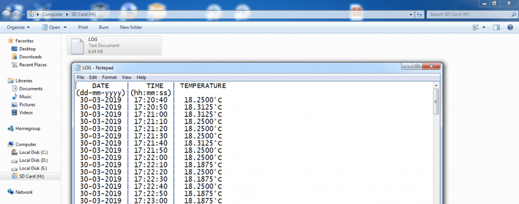 Arduino DS18B20 datalogger sd card file