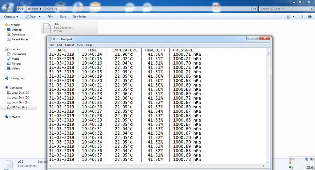 Arduino weather data logger SD card created file