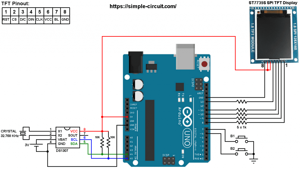 Arduino Real time clock with ST7735 color TFT and DS1307