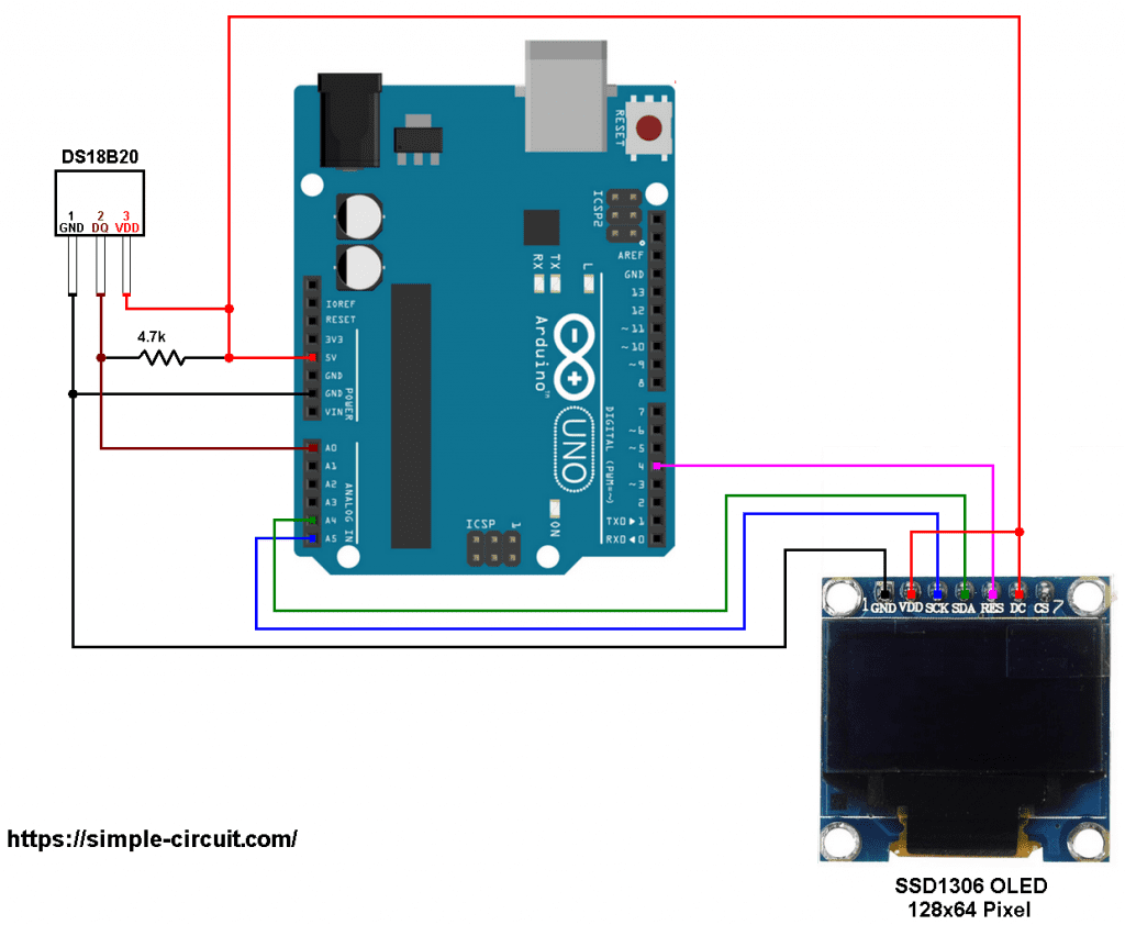 Arduino DS18B20 SSD1306 OLED temperature station circuit