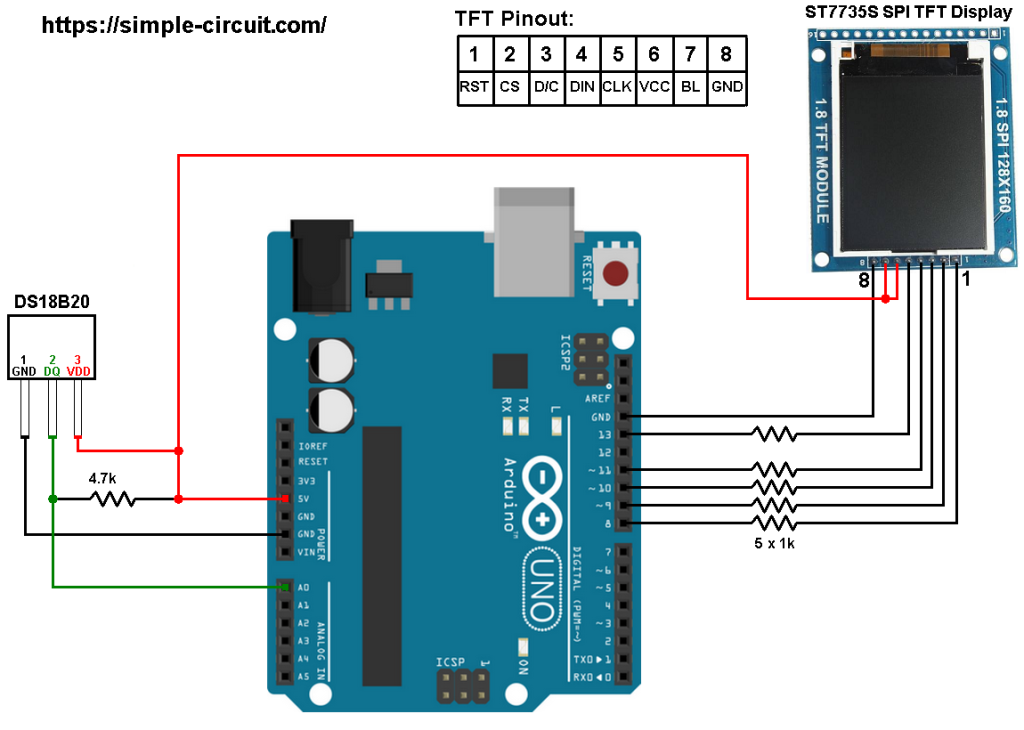 Arduino DS18B20 ST7735 TFT temperature station