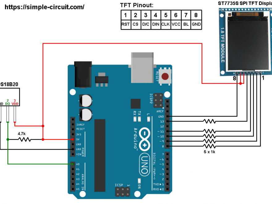 Arduino DS18B20 ST7735 TFT temperature station