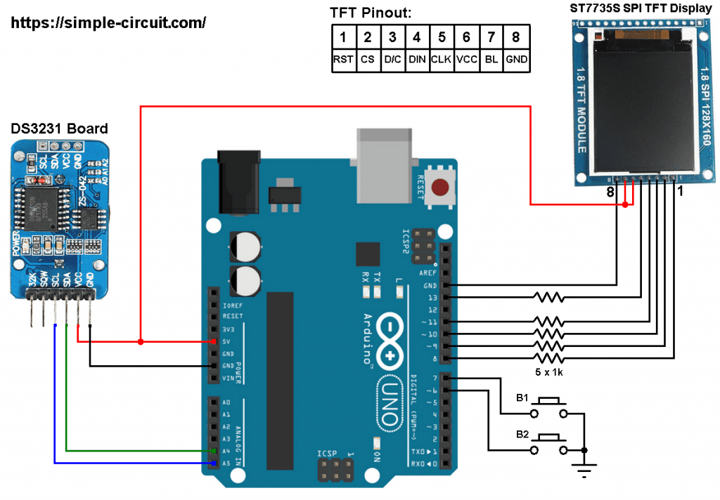 Arduino Clock With Ds3231 And St7735 Color Display Simple Projects 5450