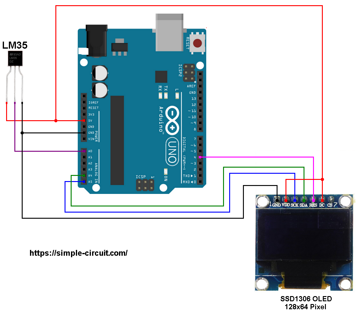 Arduino with SSD1306 OLED display and LM35 temperature sensor