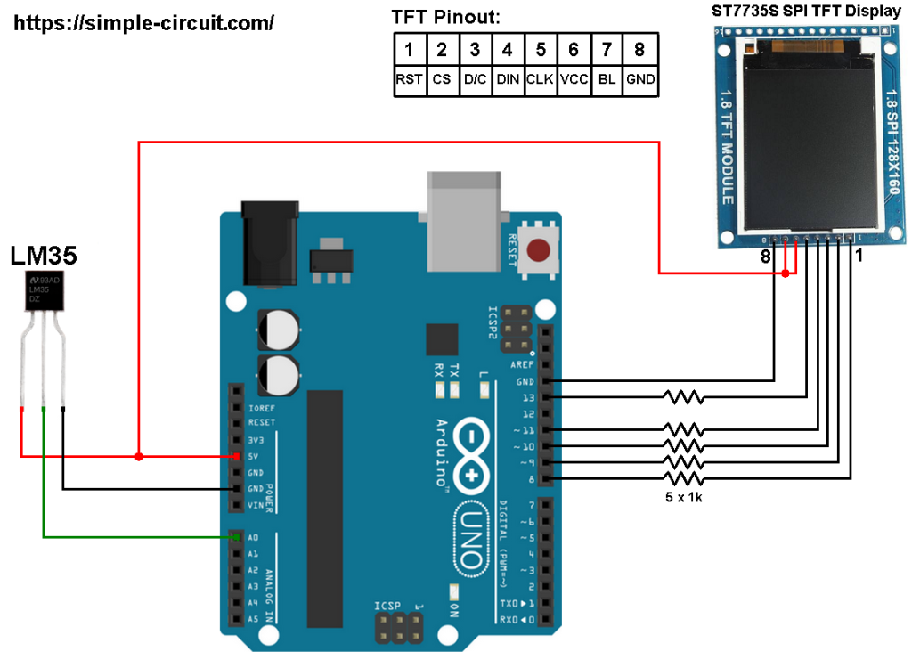 Arduino LM35 ST7735 TFT temperature station