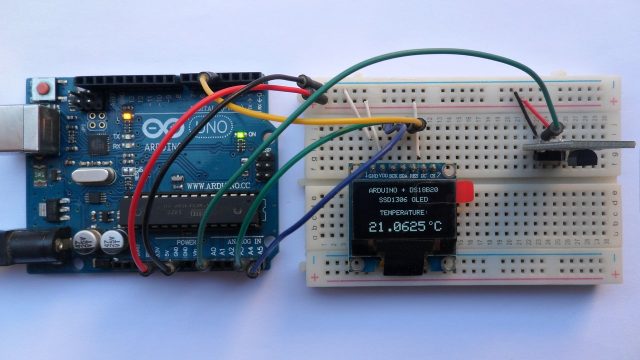 Arduino UNO with SSD1306 OLED display and DS18B20 temperature sensor