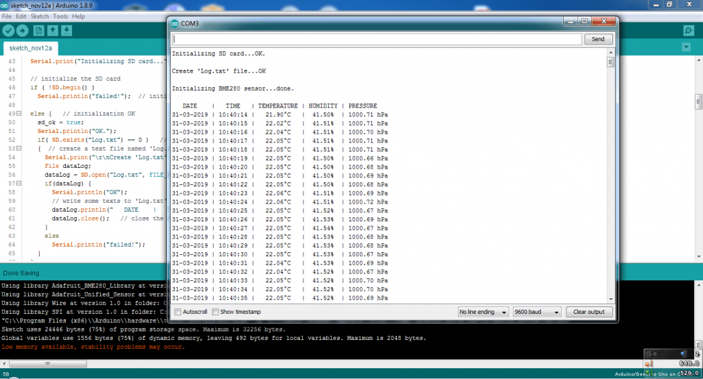 weather datalogger Arduino IDE serial monitor