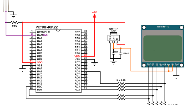 LM335 PIC18F46K22 NOKIA 5110 LCD circuit