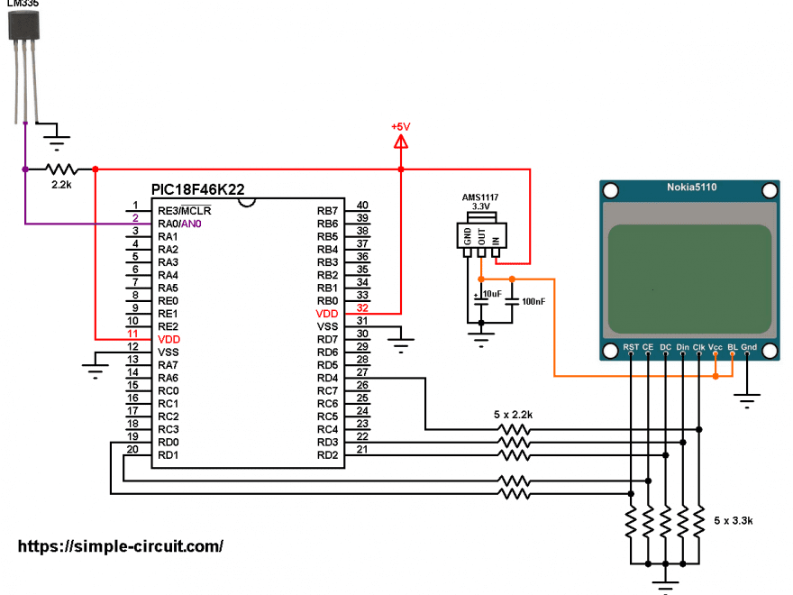 LM335 PIC18F46K22 NOKIA 5110 LCD circuit