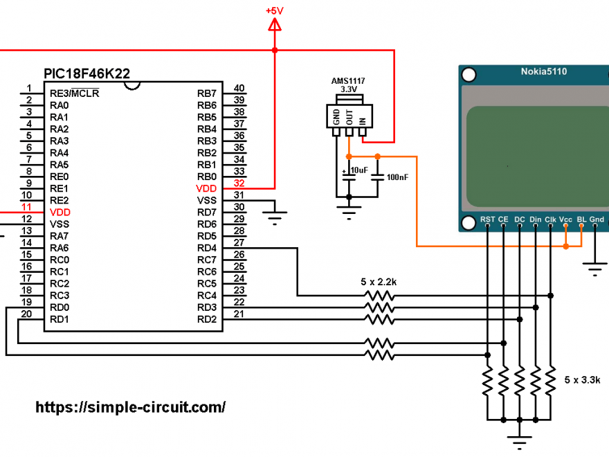 PIC18F46K22 Nokia 5110 LCD interfacing circuit