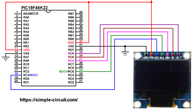 PIC18F46K22 SSD1306 OLED SPI mode circuit
